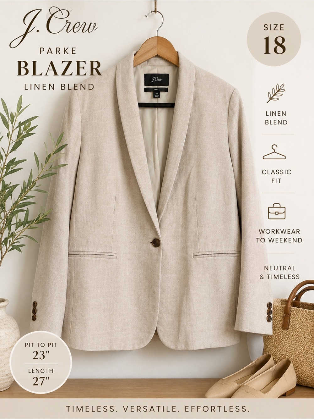 J. Crew Parke Linen Blend Blazer Size 18 Beige Oatmeal Neutral Classic